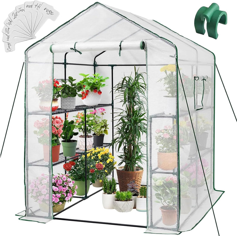 Greenhouse, 57 x 85 x 76'' Greenhouses for Outdoors, Portable Greenhouse Kit with Mesh Side Windows, PE Cover, 8 Shelves, Heavy Duty Walk in Green House for Backyard Garden Indoor Outside V7