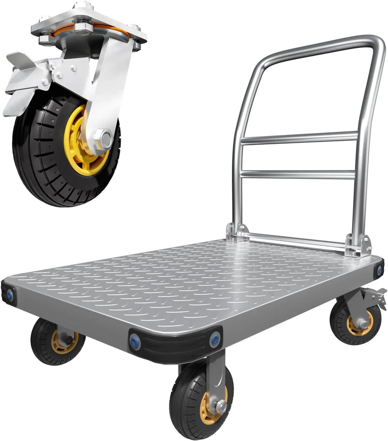 Heavy Duty Platform Truck Flat Moving Cart Hand Trucks,2000Lbs Steel Push Cart Dolly with Brake Design, 36 x 24in Large Flatbed with 5'' 360 Degree Swivel Wheels for Easy Storage R5