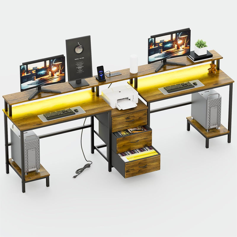 2 Person Desk with LED Lights & Charging Station – Long Desk for 2 with Storage Drawers, Monitor Riser, USB Ports & Outlets – Modern Study Table or Workstation for Home Office Q9
