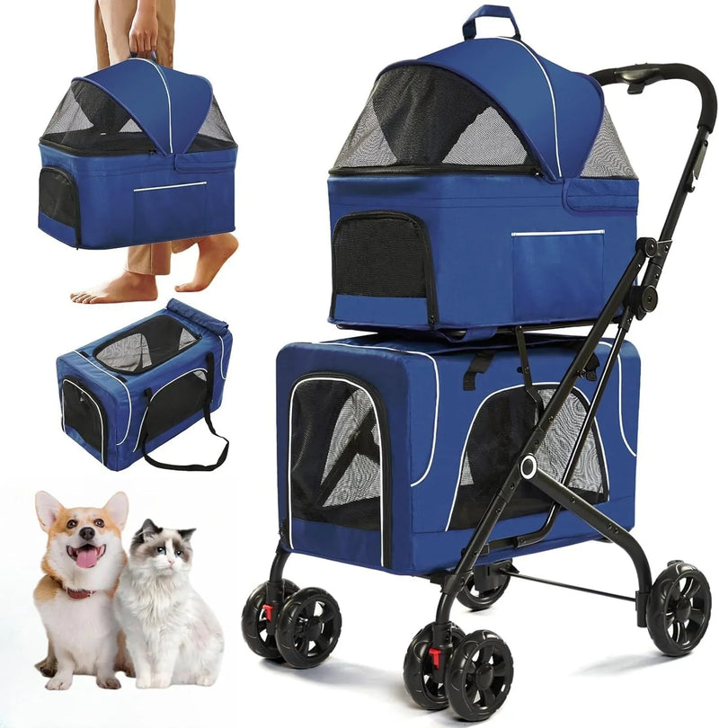 Double Dog Stroller for 2 Dogs, Detachable Carriers, Safety Belt, Lockable Wheels, Pet Travel Carrier Strolling Cart, Folding Cat Stroller for Small Medium Pets Dogs (Blue) Q2