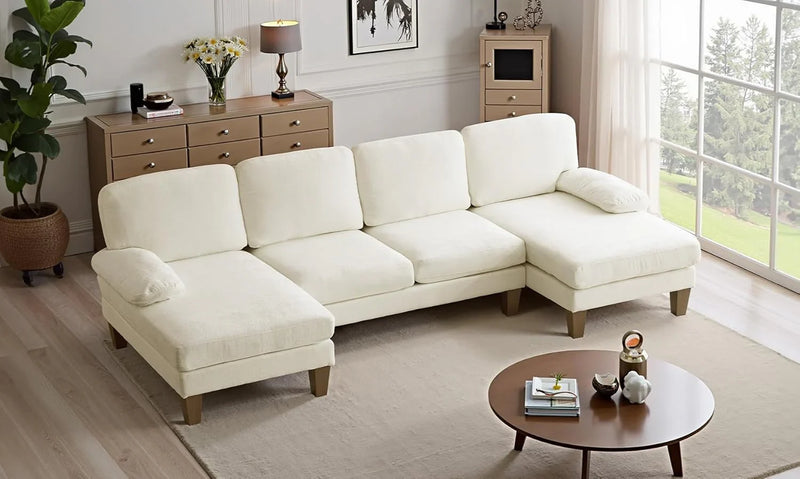 110" Sectional Couches for Living Room,U Shaped Couch with Double Chaise, 4-Seat Sofa Set with Chenille Fabric for Home Furniture,Beige A8