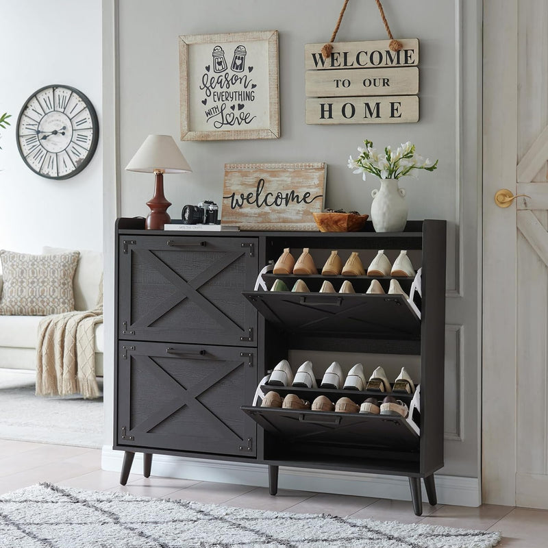 Shoe Storage Cabinet,Farmhouse Shoe Organizer with 4 Flip Drawers & Barn Door Design,Freestanding Hidden Slim Narrow Shoe Rack Cabinet for Entryway,Foyer,Hallway,Walnut A0