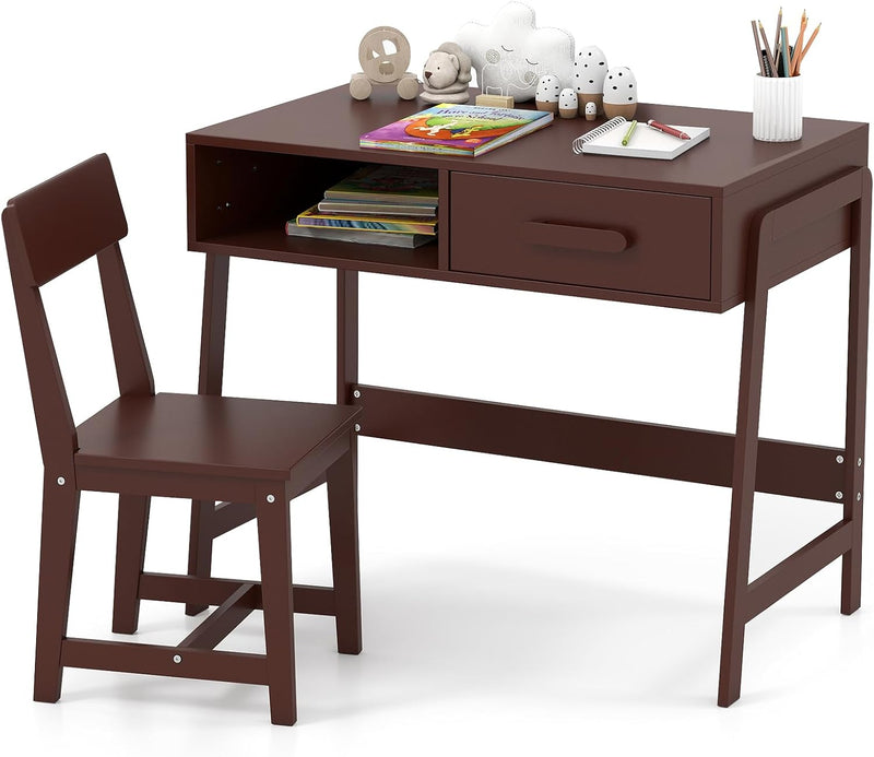 Kids Desk and Chair Set, Wooden Children School Study Table and Chair w/Storage Drawer & Hutch, Student Writing Desk Computer Workstation for Bedroom, Gift for 3 Years Old (White) E3