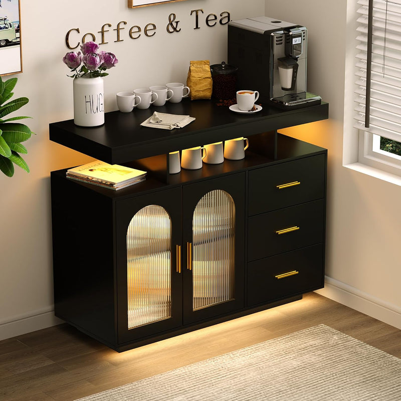 Bar Cabinet Kitchen Storage Cabinet with RGB Light, Human Sensor Design Sideboard Buffet Cabinets, Wood Coffee Bar Table with Shelf Capacity (Black) U7