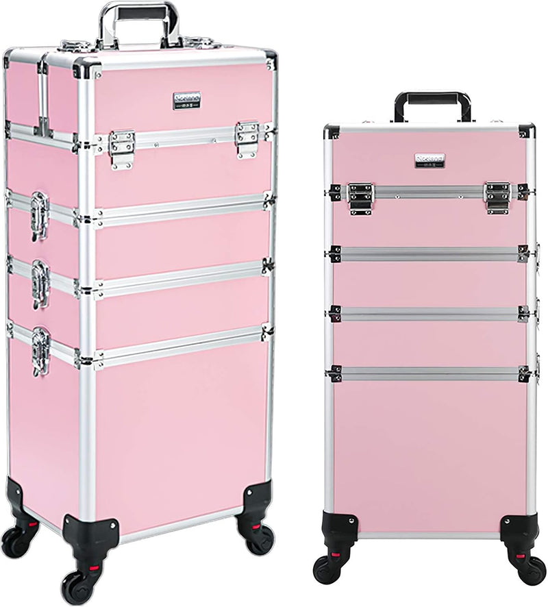 4 in 1 Professional Rolling Aluminum Cosmetic Makeup Train Organizer Storage Case Artist Train Case Salon Beauty Cosmetic Jewelry Organizer Trolley with 4 Wheels (All Black) P4