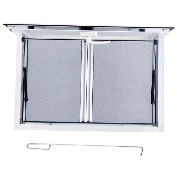 Concession Window 36W x 36H Aluminum Alloy Food Truck Service Window with Sliding Screens & Awning Door, Hydraulic Lift, Locking Mechanism, Versatile for Catering O2