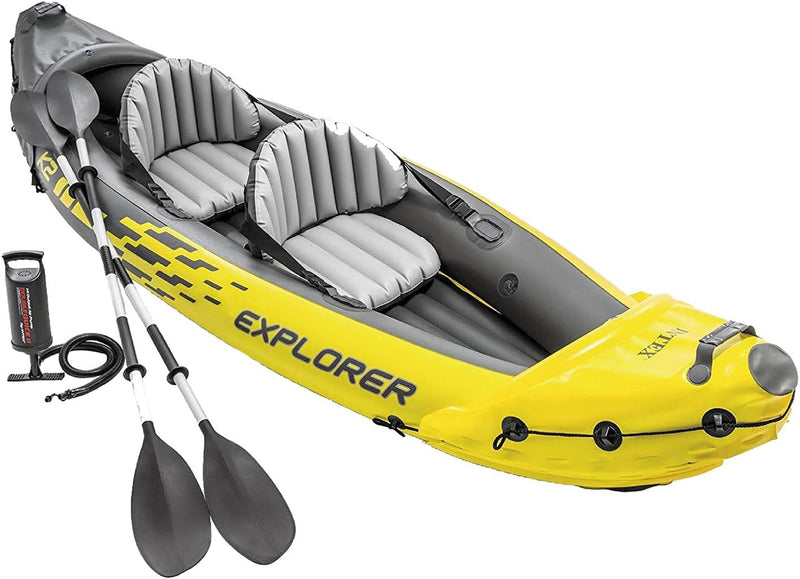 Explorer K2 Inflatable Kayak Set: Includes luxurious 86-inch aluminum paddle and high-output pump - extremely durable PVC material - adjustable seat with backrest - suitable for two people - maximum weight capacity 400 pounds F8