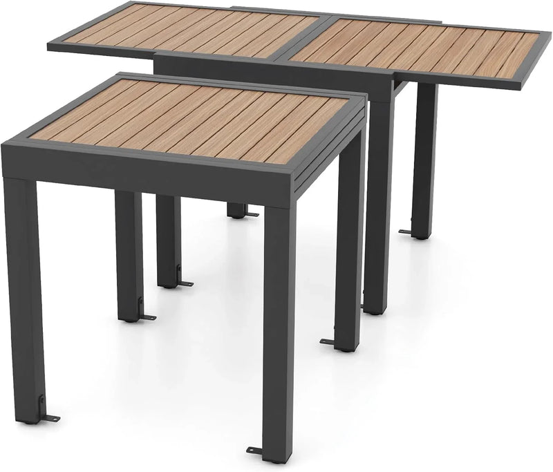 Extensible outdoor dining table, patio table, all-weather aluminum frame, large rectangular lawn backyard garden terrace dining table, suitable for 4 to 6 people, dark gray (dark gray, slatted tabletop) O9