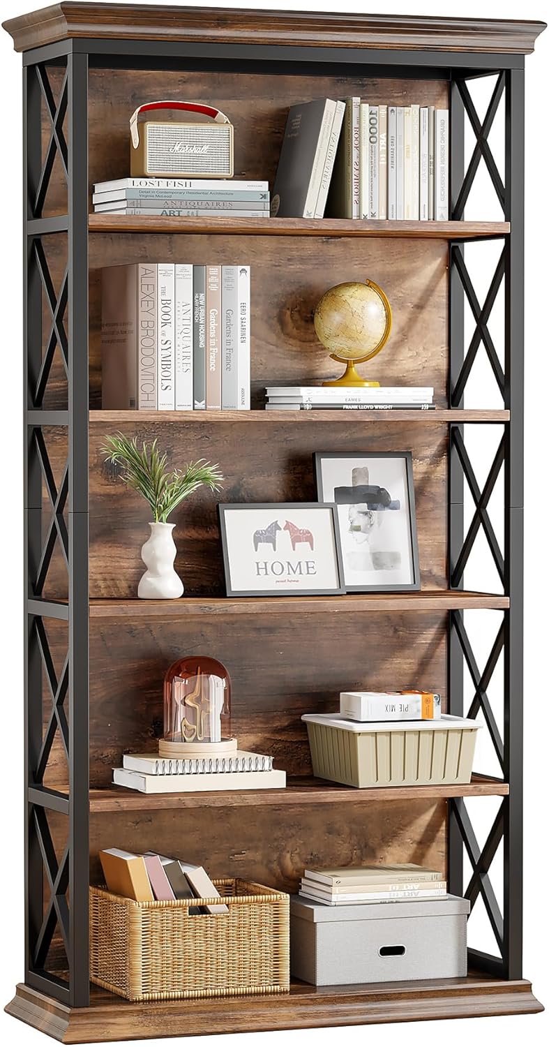 6-Tier Bookcase, 71 Inches Industrial Bookshelves, Floor Standing Display Storage Shelves Tall Bookcase for Home Office, Living Room O5