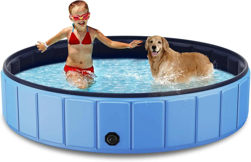 Foldable Dog Swimming Pool, 120"x20" Oversize Collapsable Hard Plastic Potable Bathing Tub for Pet Dog Kiddie Pool Indoor and Outdoor Leakproof PVC Play Pool for Large Dogs Pets Puppy Kids Blue I6