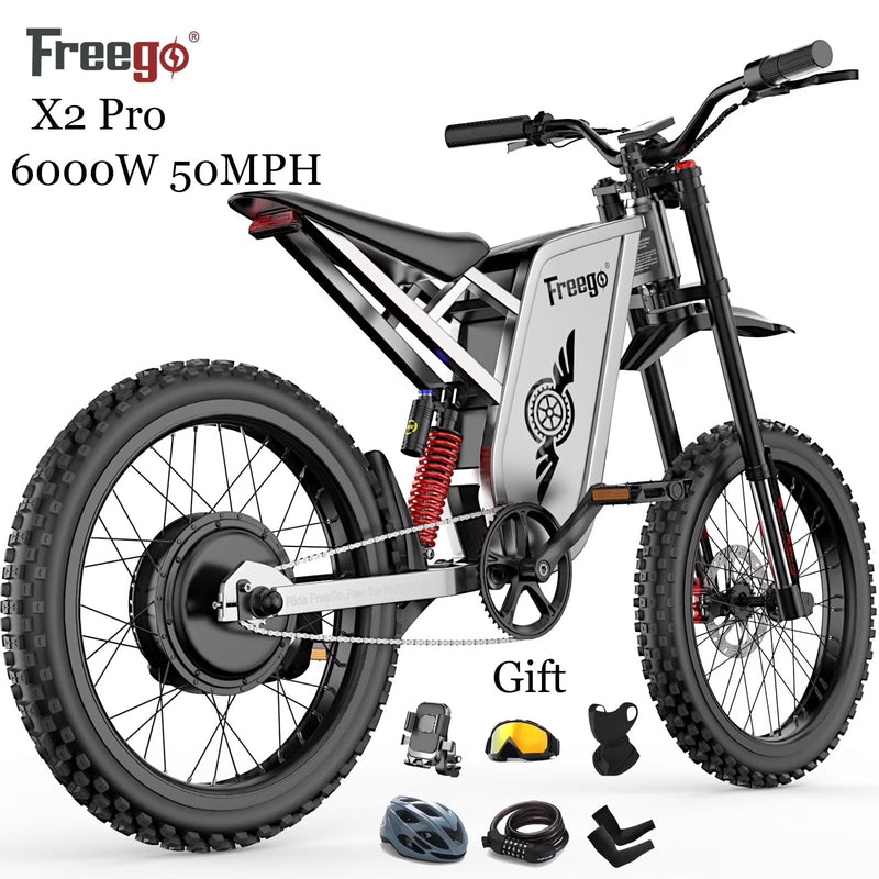 6000W(Peak) Motor 60V/30Ah Battery Freego X2Pro Electric Motorcycle for Adults, Electric Bike,50MPH/7 Speed Off Road Electric Bicycle,19 x 2 Full... Y8