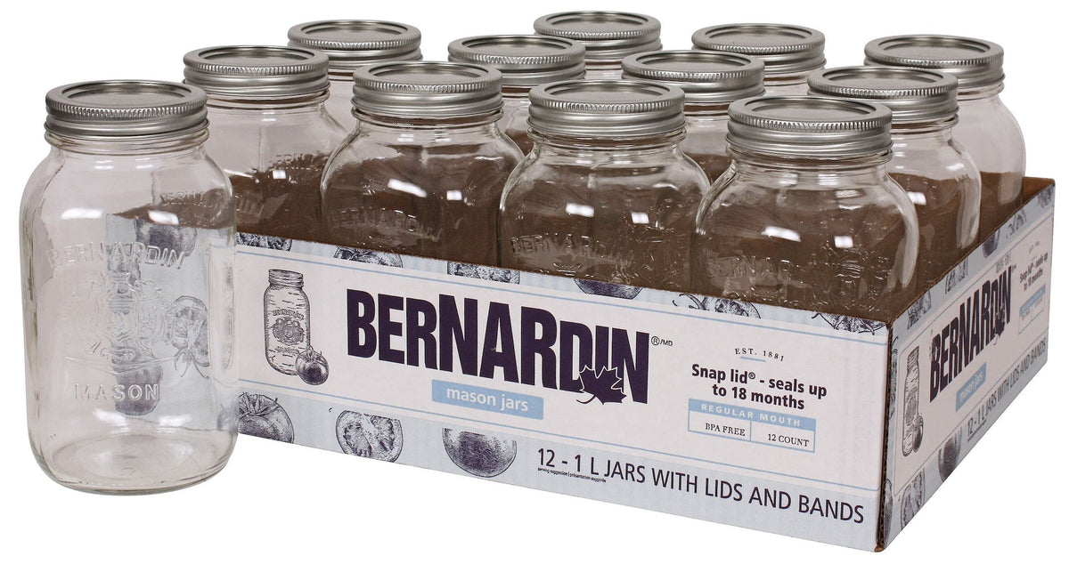 Bernardin Regular Mouth Glass Mason Jars with Lids and Bands, 1 L, 12 Count