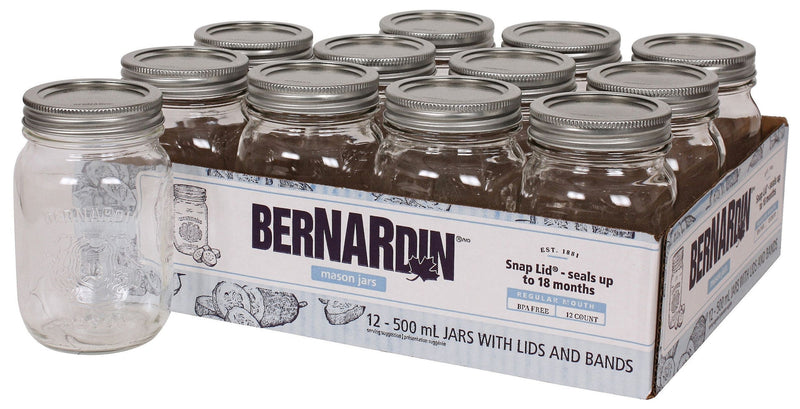 Bernardin Regular Mouth Glass Mason Jars with Snap Lids, 500 mL, 12 Count W0