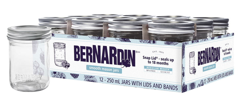 Bernardin Regular Mouth Smooth Glass Mason Jars with Snap Lids, 250 mL, 12 Count K3