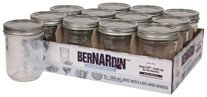 Bernardin Wide Mouth Decorative Glass Mason Jars with Snap Lids, 500 mL, 12 Count G1