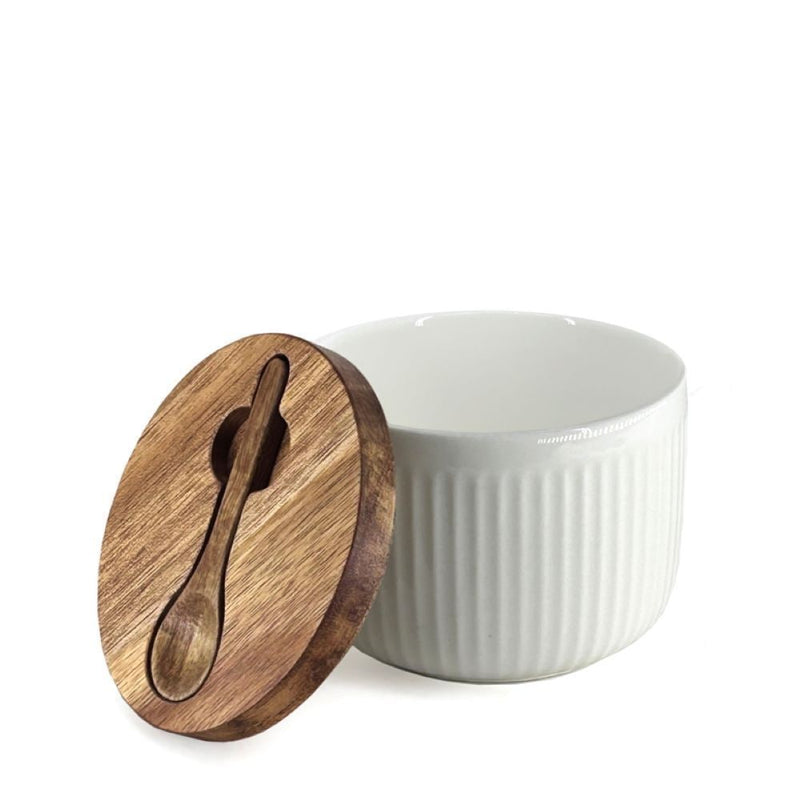BIA Porcelain Salt/Herb Keeper with Spoon & Acacia Lid, Dishwasher Safe D9