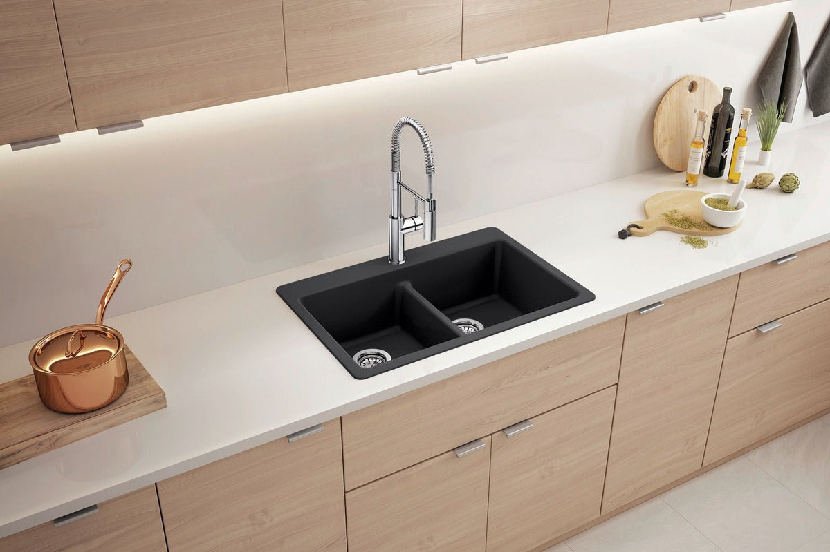 Blanco Liven SILGRANIT 33-in 50/50 Double Bowl Dual Mount Kitchen Sink with Low Divide, Anthracite