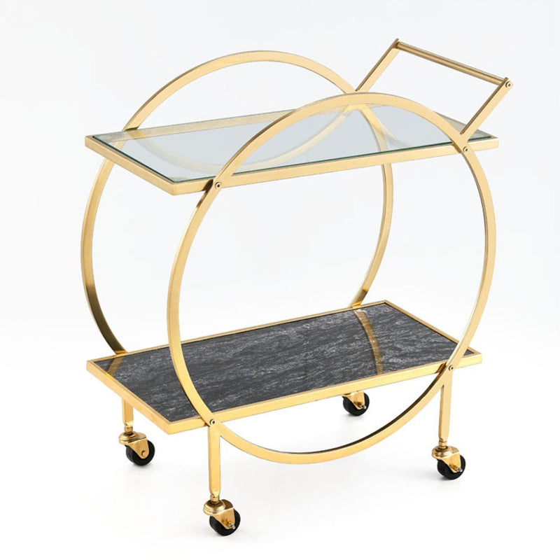Brassex Zara 2-Tier Circular Rolling Bar Storage Cart with Mirrored Top, Gold E1