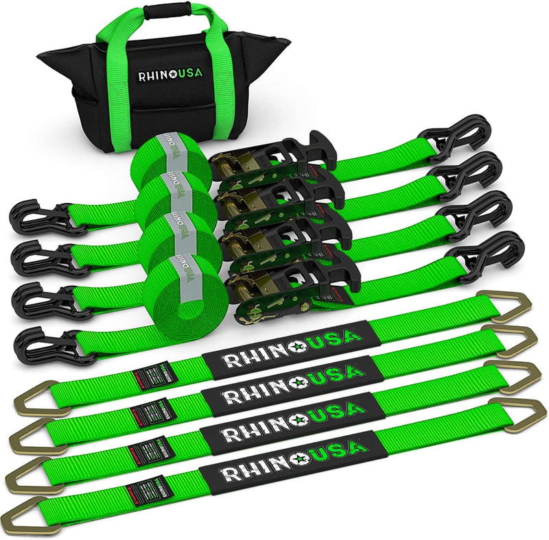 Car Tie Down Straps for Trailers with J Hooks (4-Pack) - 2 Inch x 8 Feet (10,000lb Break Strength) - Heavy Duty T-Handle Car Hauler Tire Straps for Trailer & UTV with Axle Straps - Black N4