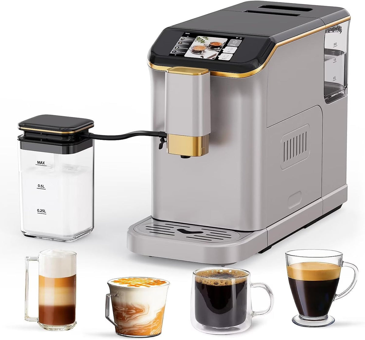 Full Automatic Espresso Machine with Built-In Grinder Milk Frother - FTF Touchscreen Coffee Maker for Latte/Cappuccino, 20 Bar Pressur 1.5L Water...