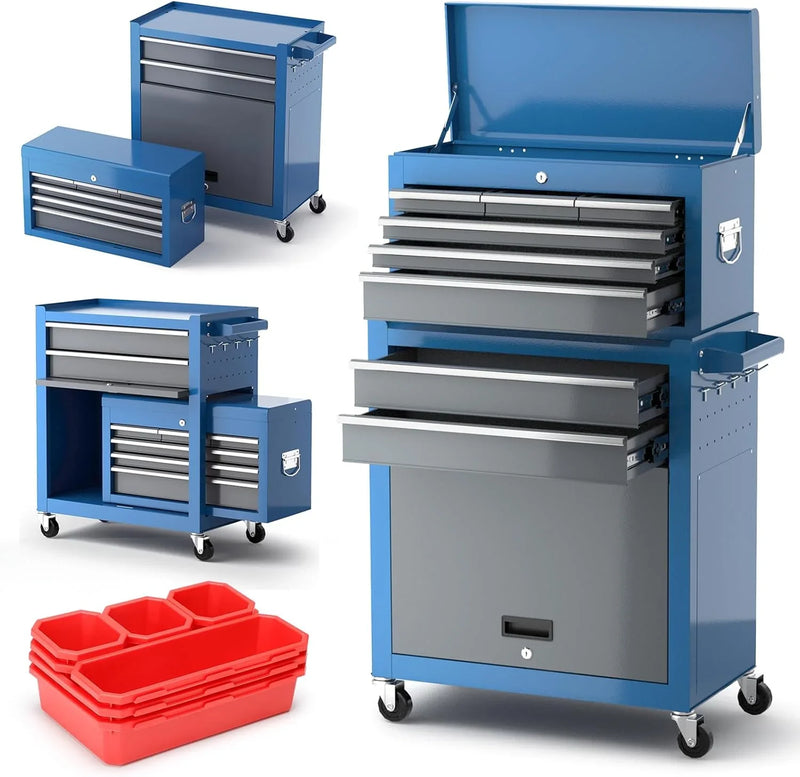 Tool Chest 8-Drawer | 42'' Large Rolling Tool Chest with Wheels | Detachable Top Metal Tool Box | Garage Storage Cabinet for Repair Room,storage area | Rolling Tool Box with Hooks,Liners,Tray Divider B7