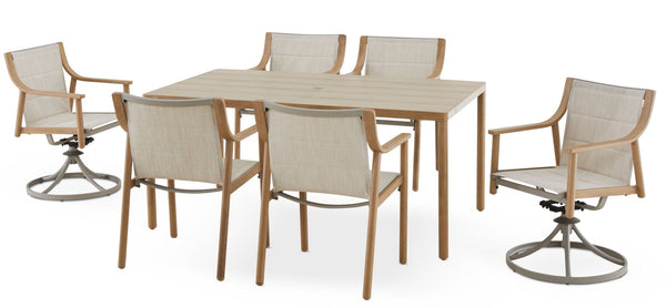 CANVAS Sauble Sling Outdoor Patio Dining Set with Swivel Chairs and Umbrella Hole, Tan, 7-pc B7