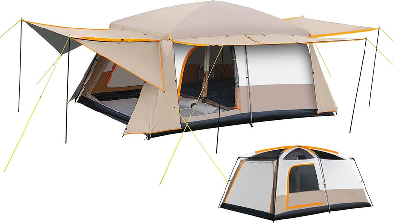 Camping Tent, 4-6 Person Family Cabin Tents, Large Waterpoof Tents for Camping Outdoor, 210D Oxford Fabric Blackout Foldable Sunburn Prevention Tent with 2 Rooms, 3 Foyers for Picnic Khaki S6