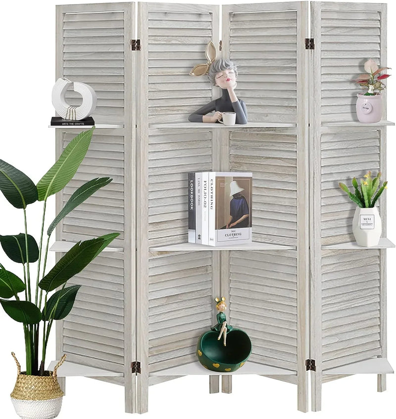 ECOMEX Room Divider 4 Panel, White with Shelves, Wall Dividers and Folding Privacy Screens E5