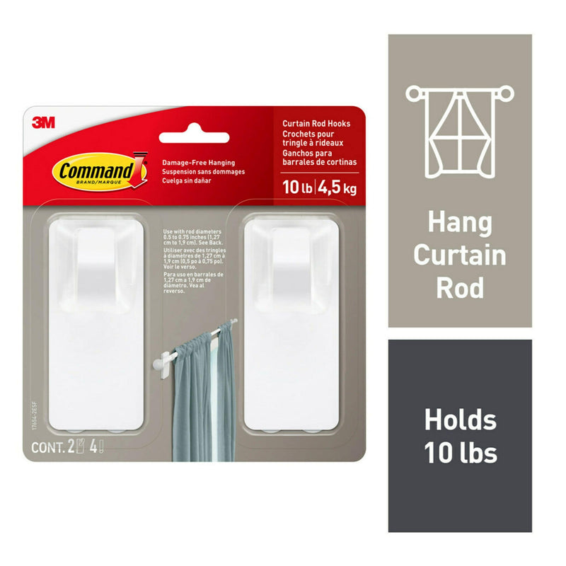 Command 2-Piece 10-lb Matte White Damage Free Curtain Rod Hooks B0