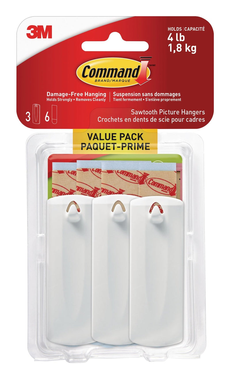 Command Adhesive Sawtooth Picture Hanging Hooks with Adhesive Strips, White, 4-lbs, 3 Strips per Pack K7