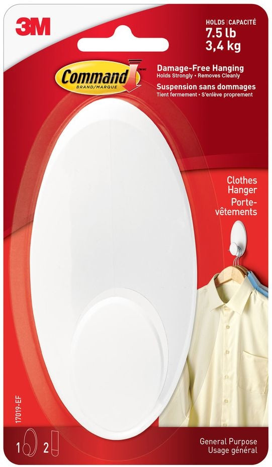 Command Large Clothes Hanger Organizing Hook with Adhesive Strips, White, 7.5-lbs, 1 Strip per Pack K7