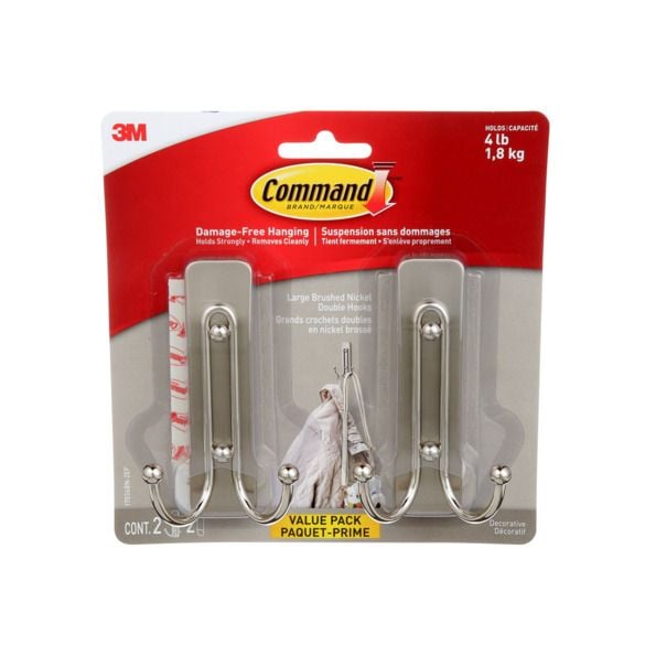 Command Large Decorative Double Hooks Value Pack with Adhesive Strips, Brushed Nickel, 4-lbs, 2 Strips per Pack R8