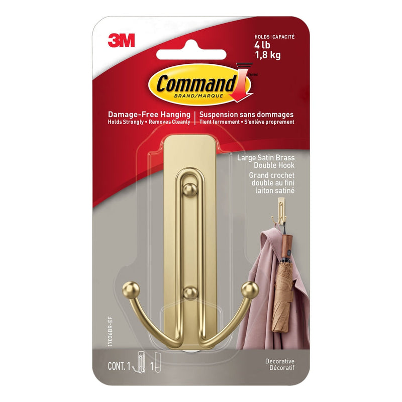 Command Large Satin Brass Hook, 17036BR-EF | 1 Hook, 1 Strip per Pack A9