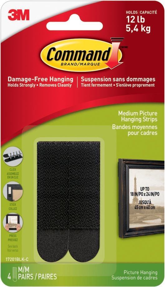 Command Medium Adhesive Picture Hanging Strips, Black, 12-lbs, 4 Strips Per Pack X2
