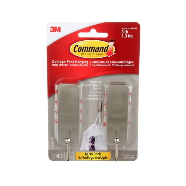 Command Medium Decorative Hooks with Adhesive Strips, Brushed Nickel, 3-lbs, 2 Strips per Pack M8