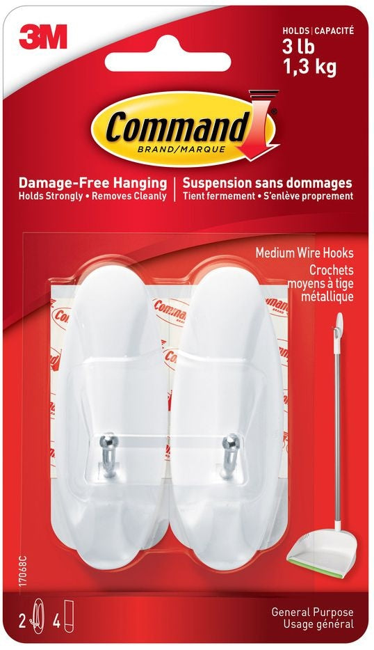 Command Medium General Purpose Wire Hooks with Adhesive Strips, White, 3-lbs, 2 Strips Per Pack K3