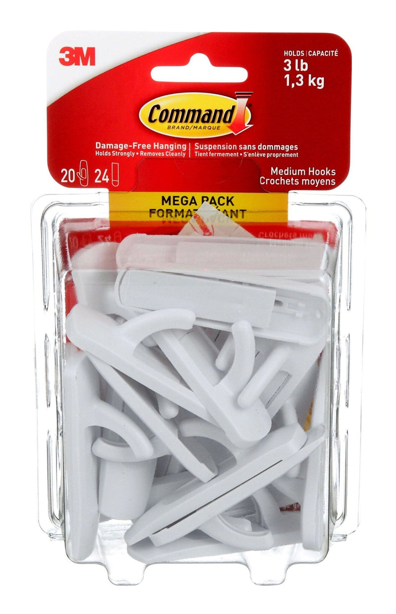 Command Medium Hooks Mega Pack with Adhesive Strips, White, 3-lbs, 20 Hooks/Pack B4