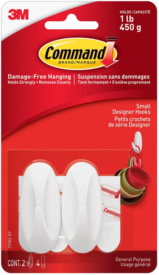 Command Small Designer Hooks with Adhesive Strips, White, 1-lb, 2 Strips per Pack V4