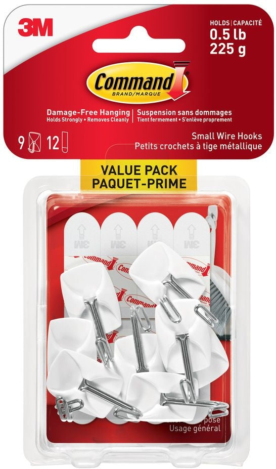 Command Small Wire Hooks Value Pack with Adhesive Strips, White, 0.5-lbs, 9 Strips per Pack O1