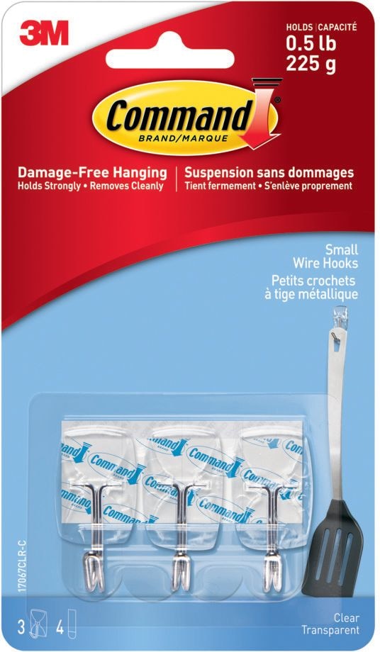 Command Small Wire Hooks with Adhesive Strips, Clear, 0.5-lbs, 3 Strips per Pack A4