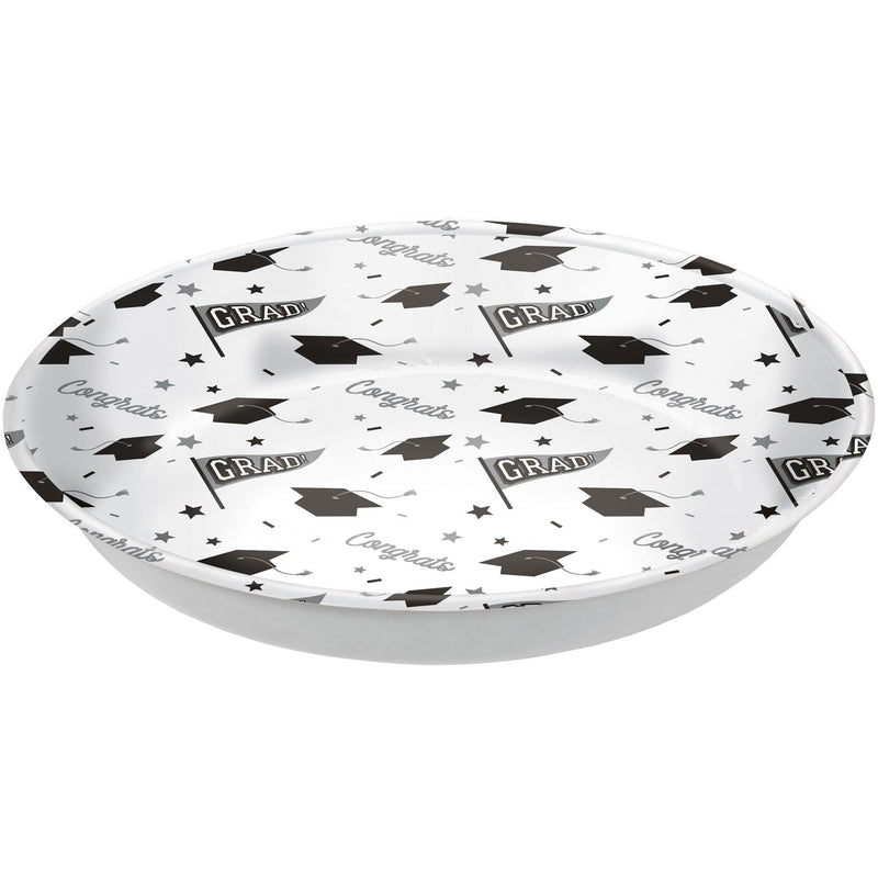 "Congrats Grad" Round Plastic Reusable Serving Bowl, White, 14-in, for Graduation O0