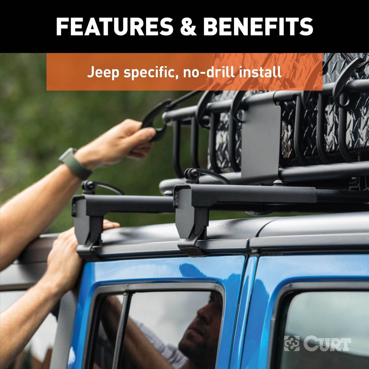 CURT 18119 Quick-Release Roof Rack Crossbars, Black Steel, Select Jeep Wrangler JK