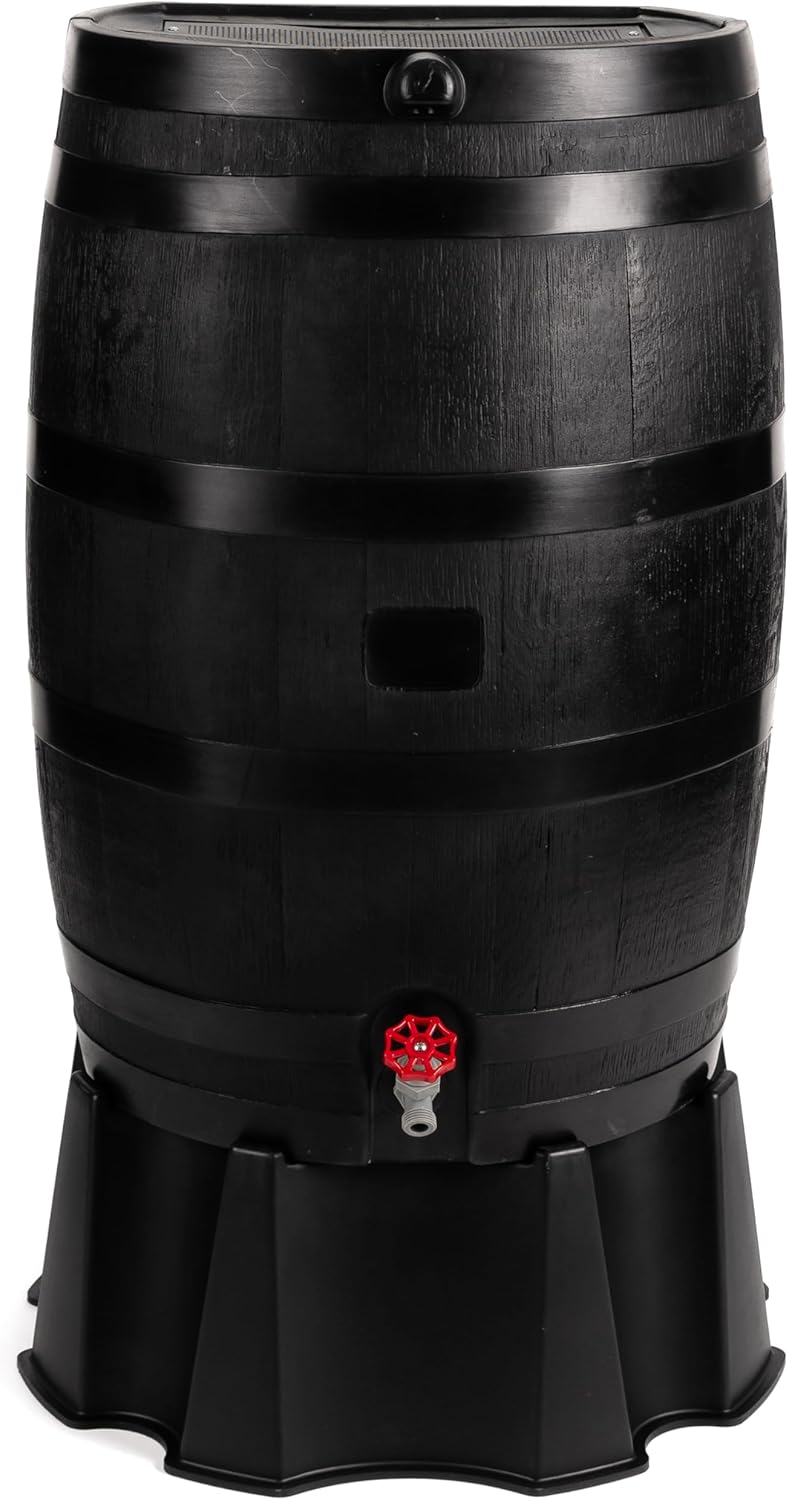 RTS Home Accents 50-Gallon ECO Rain Barrel Made with 100% Recycled Plastic, Flat Back Rain Water Collection Barrel, Black E8