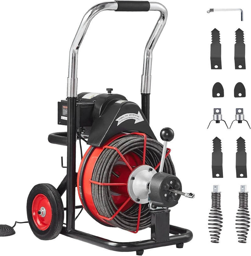 Drain Cleaner Machine 100FT x 1/2 Inch, Auto Feed Sewer Snake Auger on Wheels, 550W Portable Drain Cleaning Machine with 8 Cutters & Air-activated Foot Switch for 2" to 4" Pipes O1