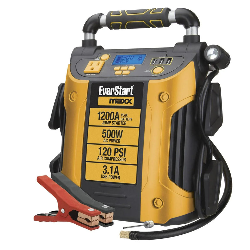 J5CPDE Jump Starter, Power Station, 1200 Peak Battery Amps with 500W Inverter and 120 PSI Compressor T3