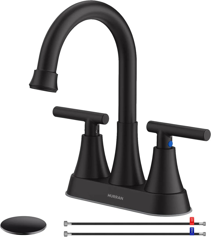 Bathroom Faucets for Sink 3 Hole, Hurran 4 inch Matte Black Bathroom Sink Faucet with Pop-up Drain O3
