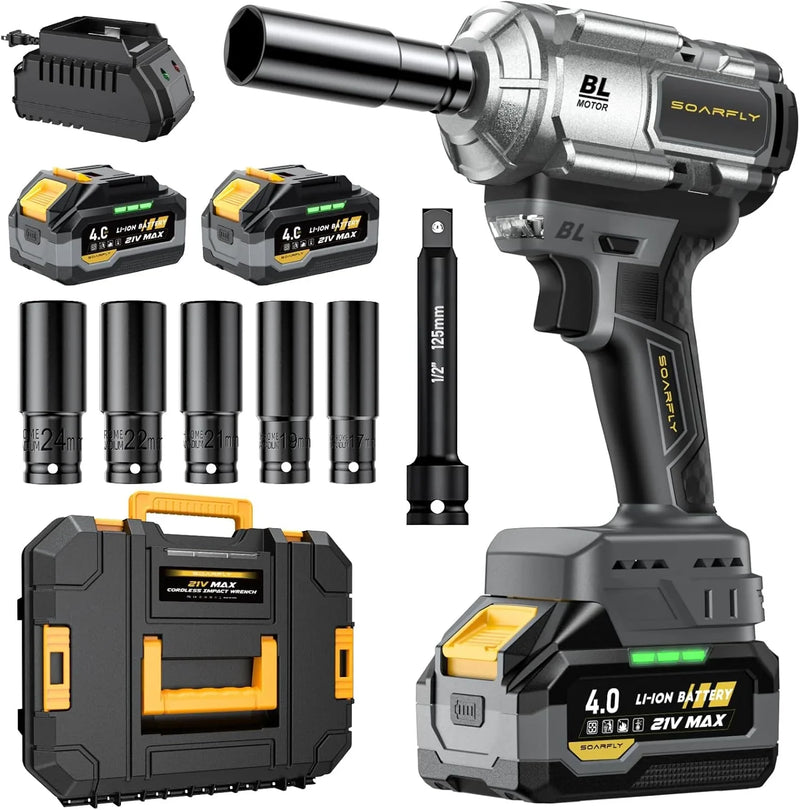 Cordless Impact Wrench, 1200Nm(900ft-lbs) High Torque 1/2'' Impact Wrench, 21V Brushless Electric Impact Gun with 2Pcs 4.0Ah Batteries, 1 Hour Fast Charger, 5 Sockets, Power Impact Driver for Car Home Y9