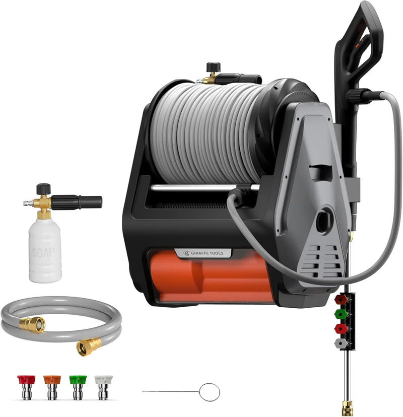 Pressure Washer Pro, Electric Wall Mount Power Washer with 100FT Retractable Pressure Hoses, 3300PSI, 1.6GPM, 4 Nozzles, Foam Cannon for Cars/Patios, Dark Silver F6