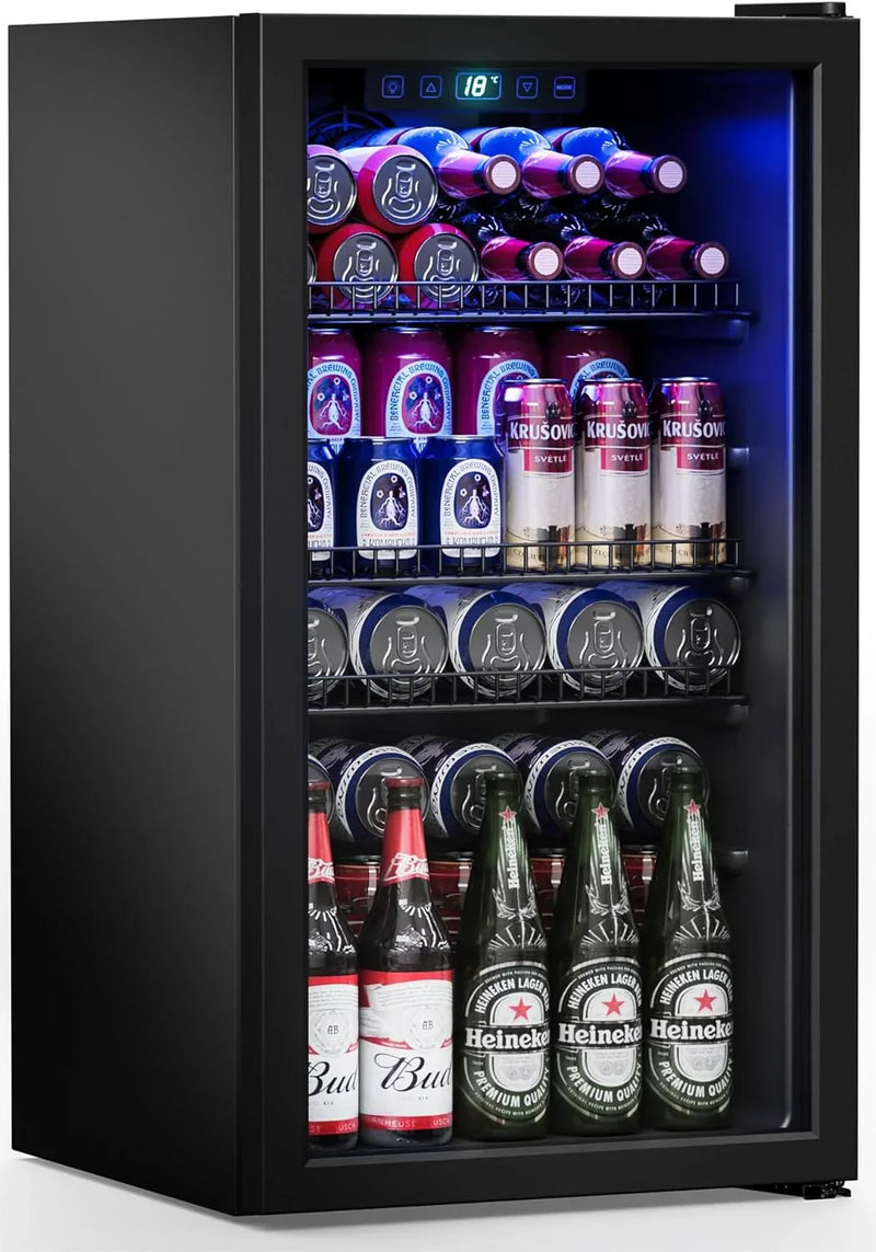 Refrigerator Cooler-120 Cans Freestanding Mini Fridge Cooler with Glass Door, Adjustable Shelves & Digital Temperature Display for Soda, Wine or Beer (Black, 3.2 Cu.Ft) O3