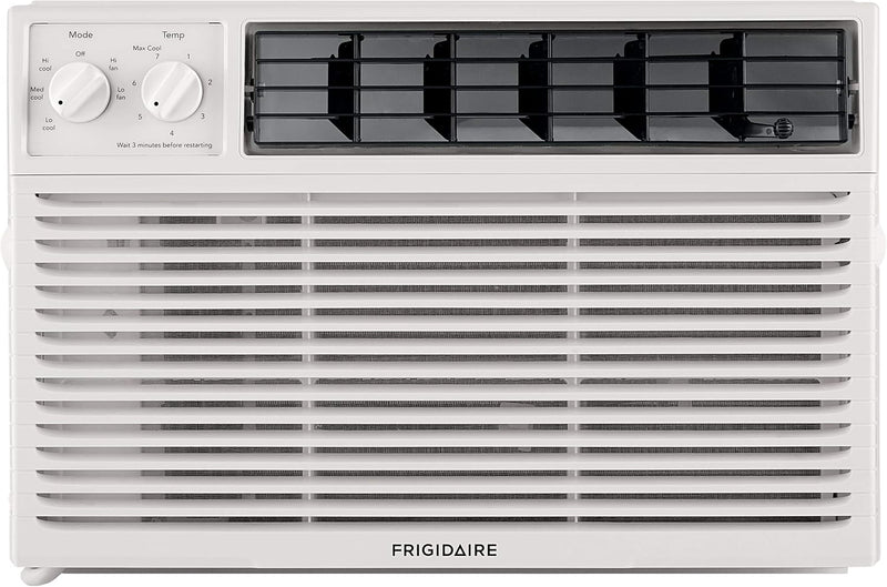 5000-watt window air conditioner, with a cooling area of 250 square feet, operates quietly, has easy and convenient temperature adjustment, 2 fan speeds, automatic restart function, and a white appearance S9